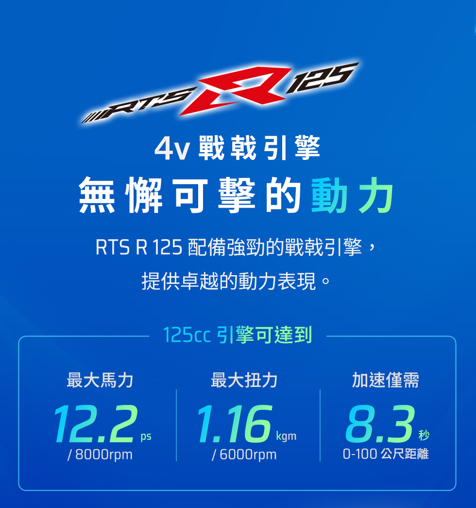 RTS R 125 戰戟引擎，無懈可擊的動力，125cc引擎可達最大馬力12.2ps、最大扭力1.16kgm與0到100公尺加速8.3秒。
