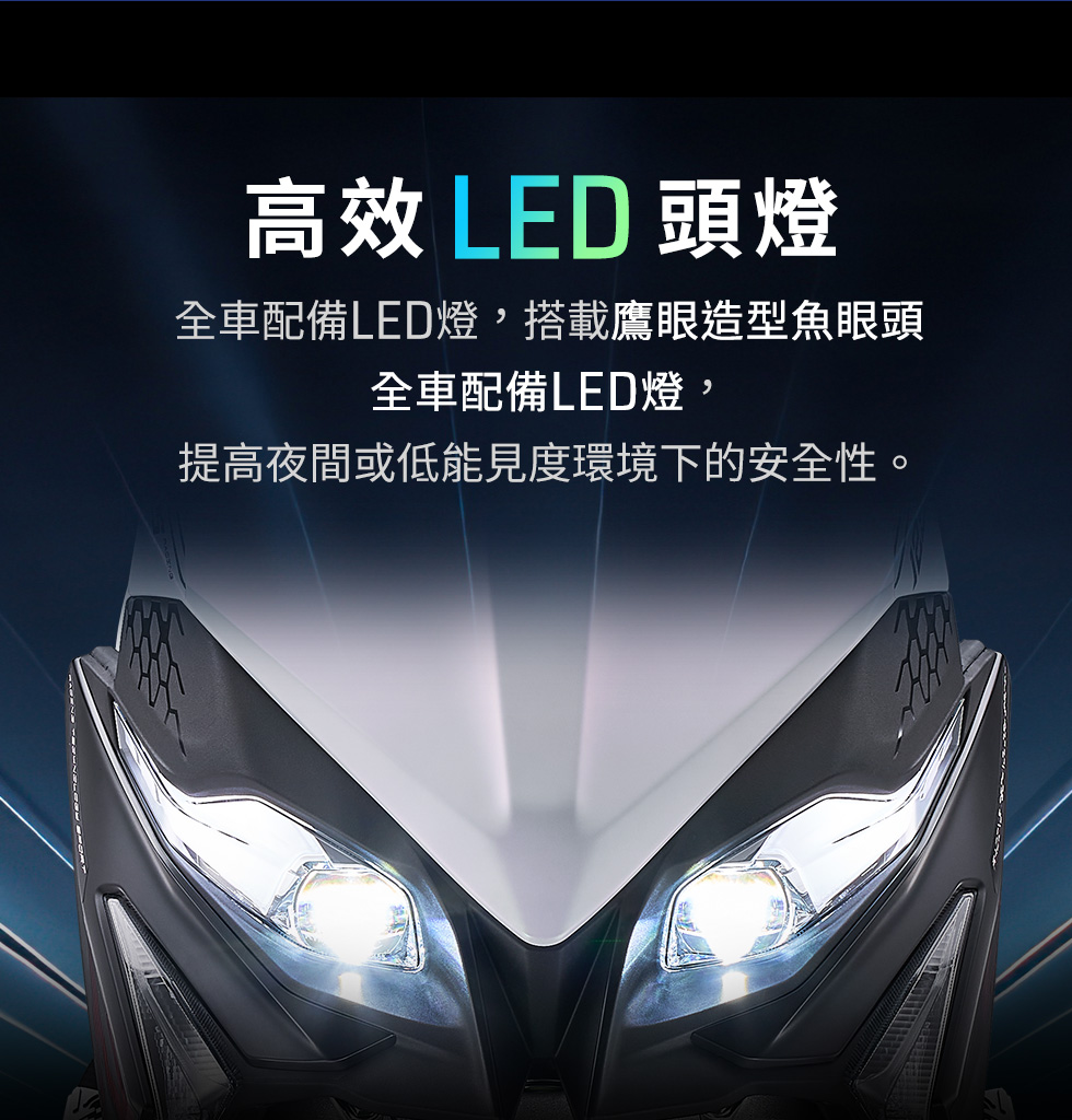 RTS R 125 高效LED頭燈,展示銳利車頭與鷹眼造型魚眼頭燈,提高夜間或低能見度環境下的安全性。