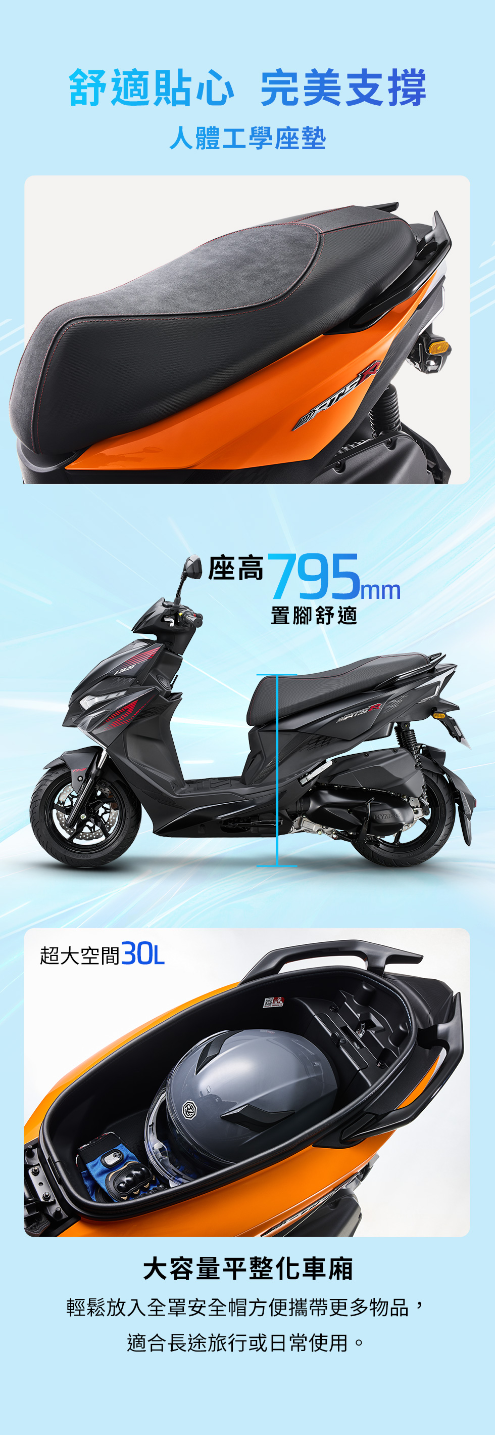 RTS R 125 舒適貼心完美支撐,展示人體工學座墊、座高795mm與大容量平整化30L車廂,可放入全罩式安全帽。
