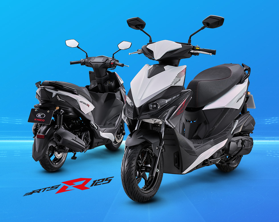 RTS R 125 車款外觀展示，白色車身搭配黑紅運動化線條，呈現前後視角與跑格速克達造型。