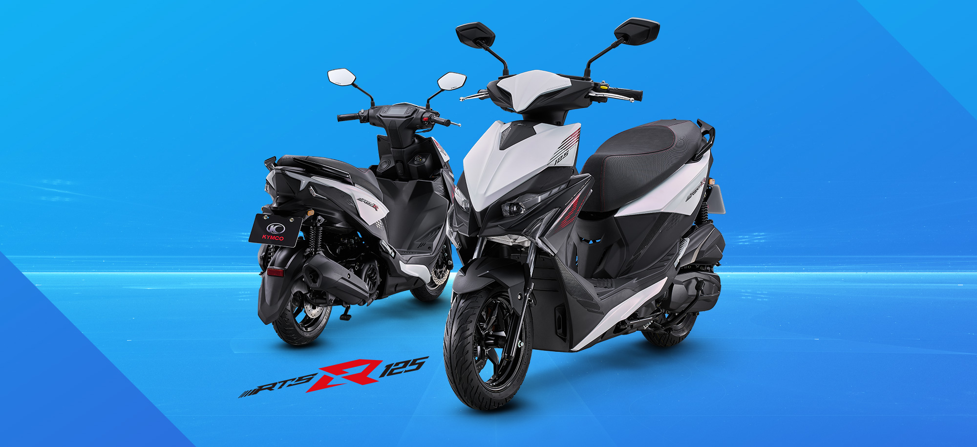 RTS R 125 車款外觀展示,白色車身搭配黑紅運動化線條,呈現前後視角與跑格速克達造型。