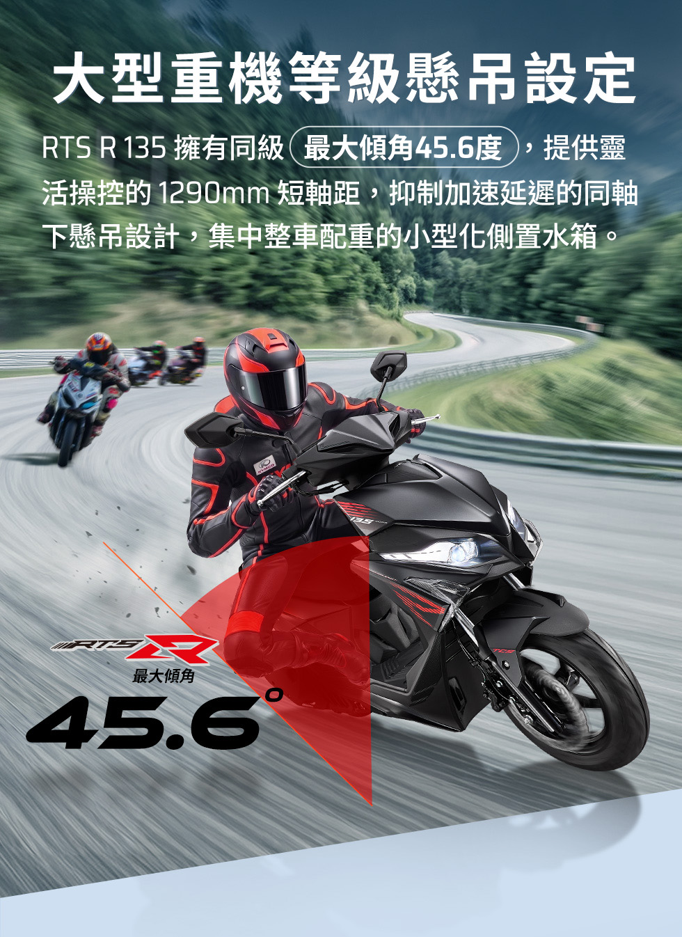 RTS R 135 大型重機等級懸吊設定，騎士於彎道傾角騎乘，強調最大傾角45.6度與1290mm短軸距。