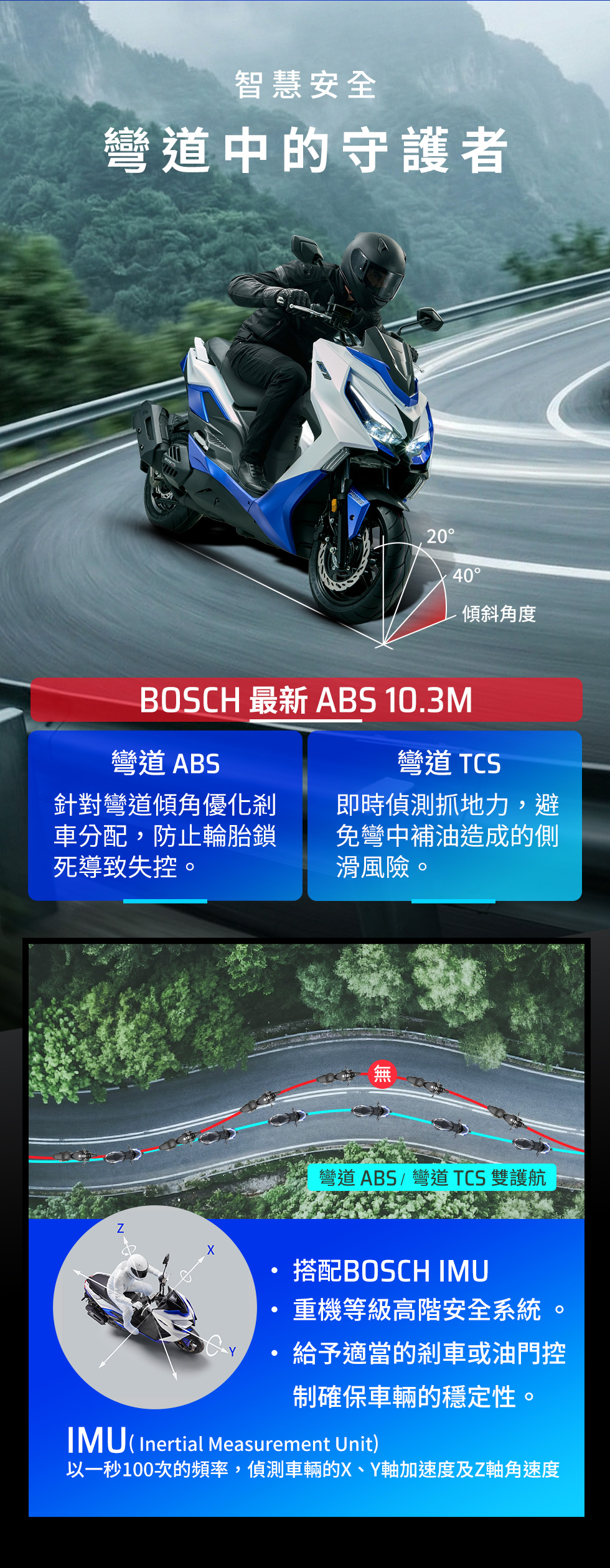 KYMCO G7 智慧安全系統,搭載 BOSCH ABS 10.3M、彎道 ABS、彎道 TCS 與 BOSCH IMU,提升彎道中的穩定與安全